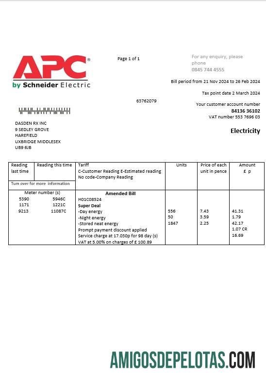 realista Modelo de fatura de serviços públicos de eletricidade da APC do Reino Unido em formatos Word e PDF
